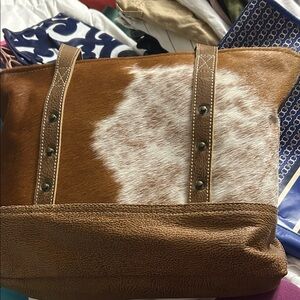 Brown and White cow hide Tote Bag with purse organizer and matching wallet